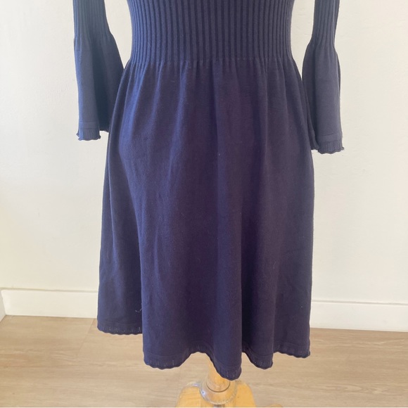 Eliza J Knit Ribbed Turtleneck Ruffle Bell Sleeve Sweater Dress Navy | Small - Picture 4 of 10